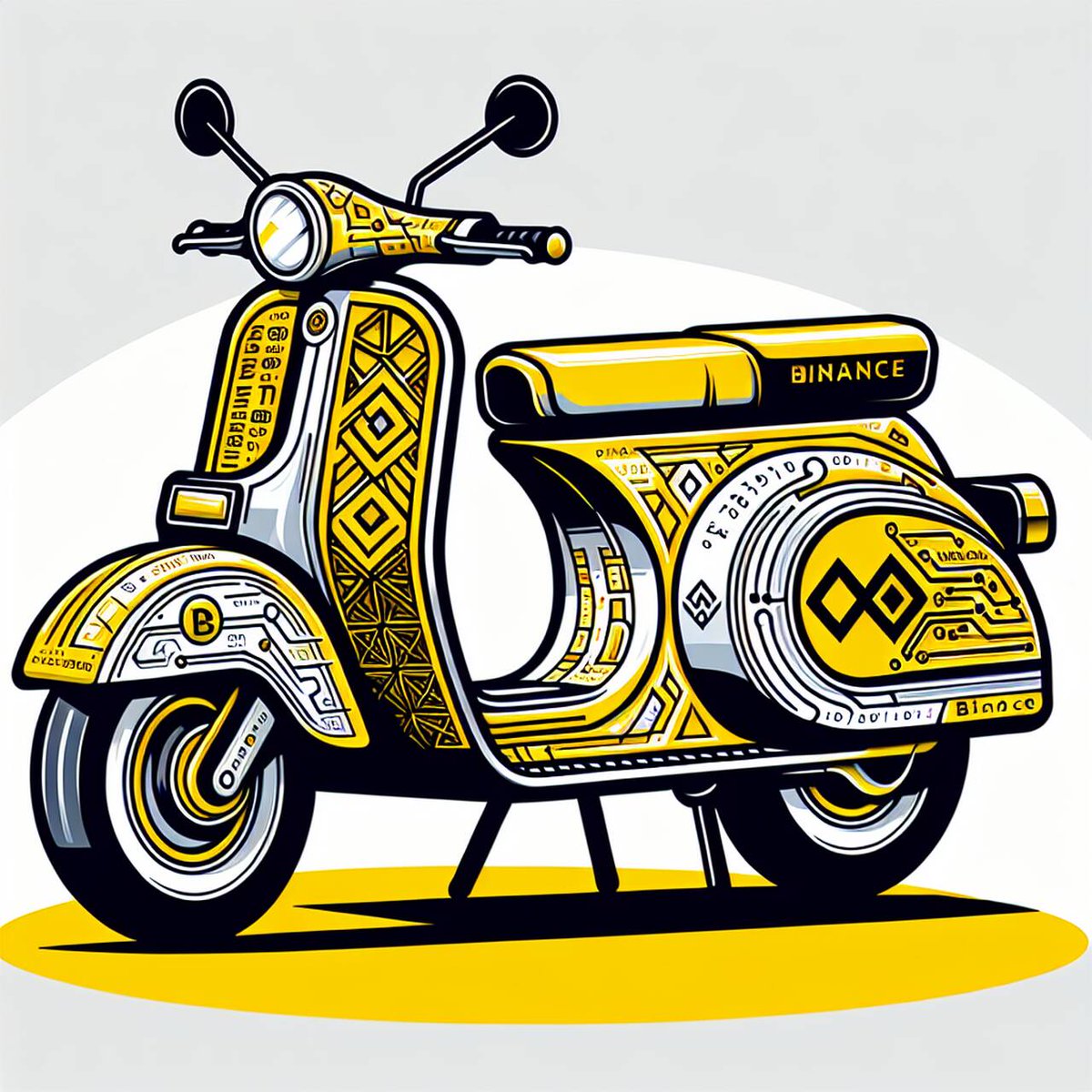 0xStarchan's tweet photo. Visualize a vintage Vespa motorbike, painted in a bright yellow and white color scheme. The design details on the motorbike should reflect elements usually seen on a blockchain or cryptocurrency website, symbolizing the digital nature of Binance. https://t.co/AsEaMfLUwj