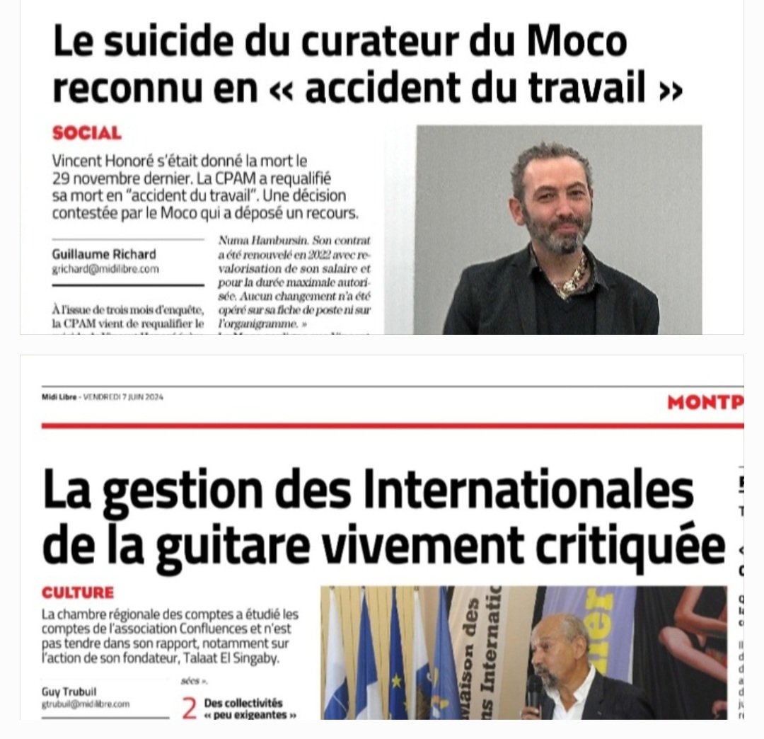 2️⃣ articles en 2️⃣ jours qui nous interrogent et nous atristent ...
#Culture
#Montpellier
<a href="/MLMontpellier/">Midi Libre Montpellier</a> <a href="/Mediapart/">Mediapart</a> <a href="/afpfr/">Agence France-Presse</a> <a href="/Prefet34/">Préfet de l'Hérault 🇫🇷</a> <a href="/crcoccitanie/">Chambre régionale des comptes Occitanie</a> <a href="/Le_Figaro/">Le Figaro</a> <a href="/canardenchaine/">Le Canard enchaîné</a> <a href="/Quotidiendelart/">Quotidien de l'Art</a> <a href="/lagglorieuse/">L'Agglorieuse</a> <a href="/CanardDechaine_/">Canard Déchainé ⓒ</a>