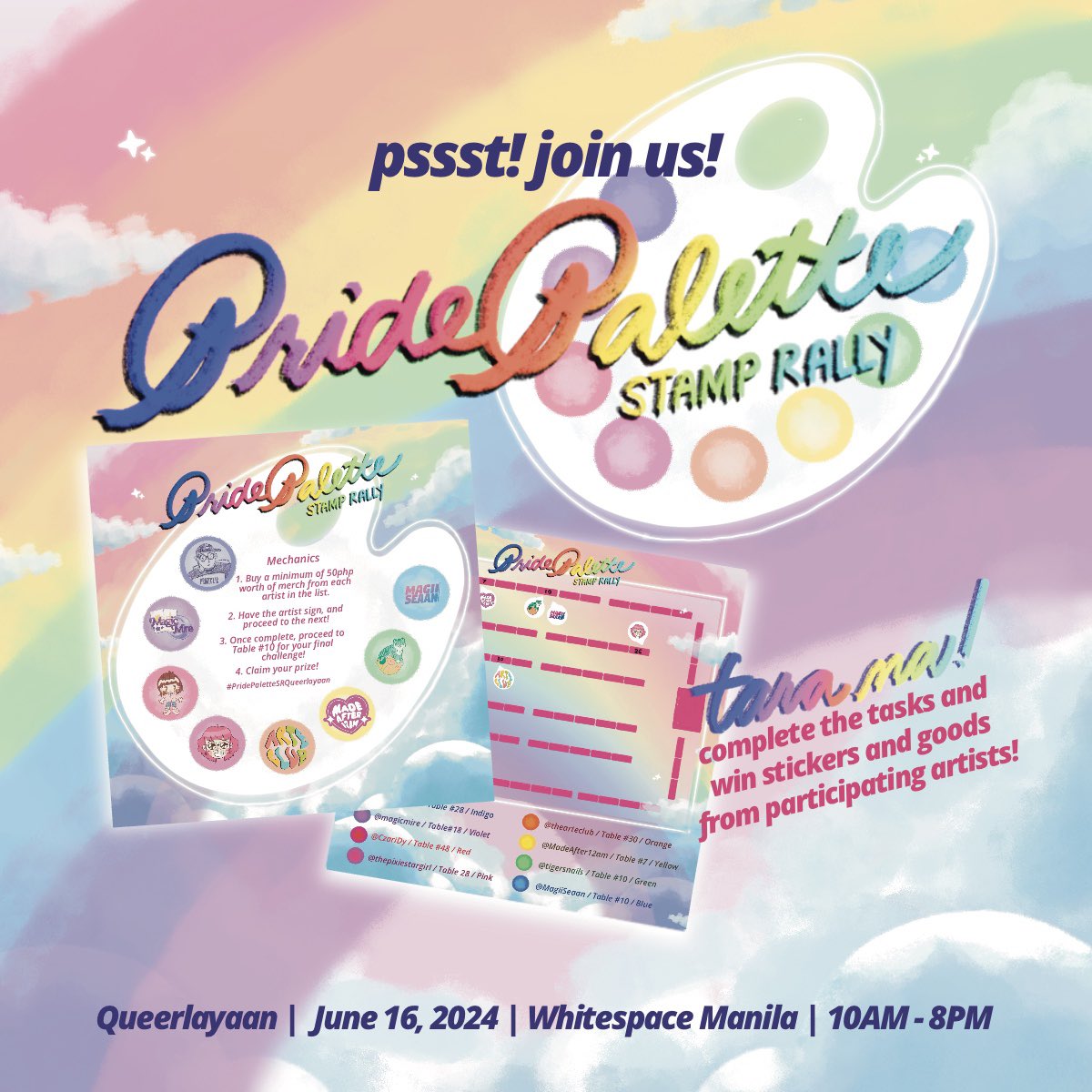 MagiiSeaan's tweet photo. Hello mga bading! Ready na ba kayo to add more color to your Queerlayaan journey this June 16? Glide through the rainbow &amp; join the Pride Palette Stamp Rally!! Complete the tasks to win prizes from your favorite artists! 🌈

#Queerlayaan #StickerConMNL #PridePaletteSRQueerlayaan https://t.co/FSNC4O7HEC