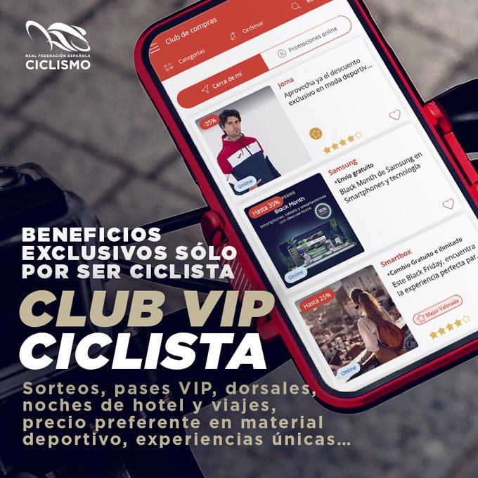 RFECiclismo's tweet photo. ¡Bienvenido/a al Club VIP Ciclista, beneficios exclusivos solo por ser ciclista! 🌟🚴
🎁 Sorteos exclusivos
🏨 Noches de hotel y viajes
💳 Precio preferente en equipamiento
🚴 Experiencias únicas
Únete al #ClubVIPciclista con tu Licencia y Carnet Ciclista.
Conviértete en miembro para acceder a beneficios exclusivos y oportunidades únicas en https://t.co/1zj4e4HA6t