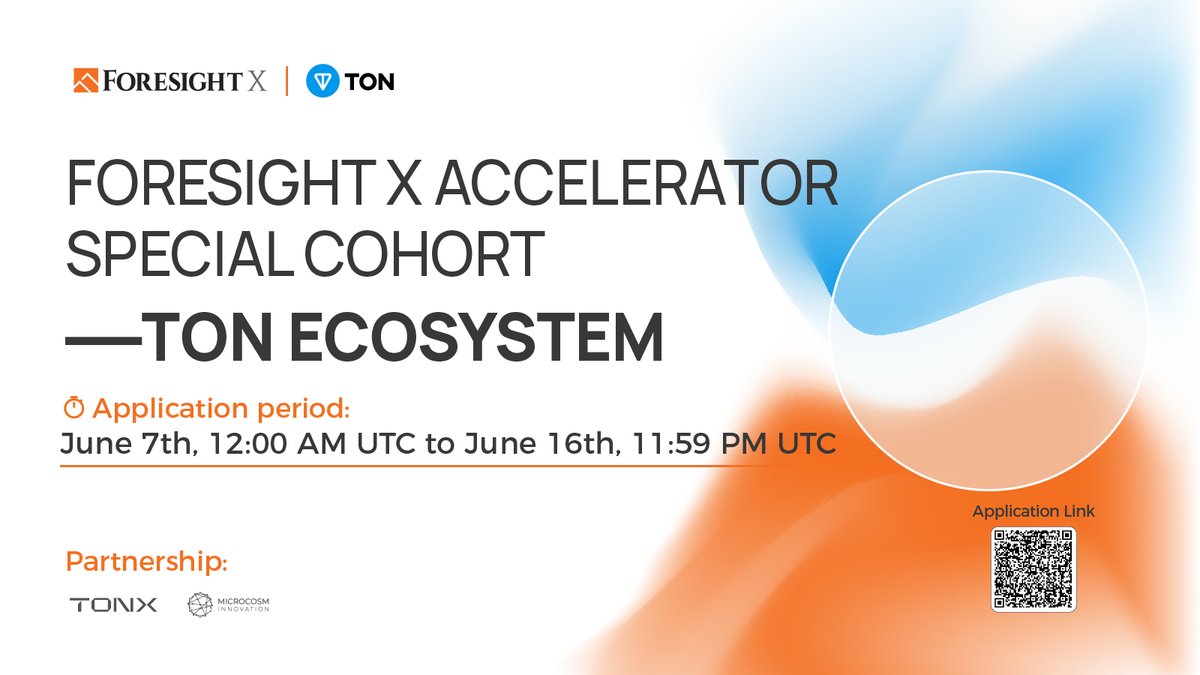ForesightVen's tweet photo. We’re thrilled to announce that Foresight X Accelerator is launching special cohorts to enhance startups in various ecosystems. Our first cohort will focus on the TON blockchain ecosystem, aiming to select and elevate top projects within the #TON ecosystem.

Foresight X provides targeted support to propel projects forward before their Token Generation Event (TGE). Partnering with us ensures significant benefits for projects within the TON ecosystem and those approaching #TGE.

What you will receive:
1. $50-200K in funding support.
2. KOL matrix assistance for KOL fundraising rounds.
3. Access to listing resources on exchanges.
4. Marketing promotions through Foresight's media matrix.
5. Go-To-Market strategy consulting.
6. Consultation on economic models and product development.

Requirements for applying projects:
1. Startups developing within the TON ecosystem.
2. Projects that have not yet issued tokens and are planning a TGE within three months.
3. We welcome outstanding projects from all sectors.

Application period: June 7th, 12:00 AM UTC to June 16th, 11:59 PM UTC.
Application link: https://t.co/9CbSR8WZqN 

Please fill out the application form accurately. Projects that pass the initial selection will be invited to the next round of interviews via email.

🙌Special thanks to the supporters of this special cohort: @TON_Blockchain, @TONX_studio and @MicrocosmLabs.☺️