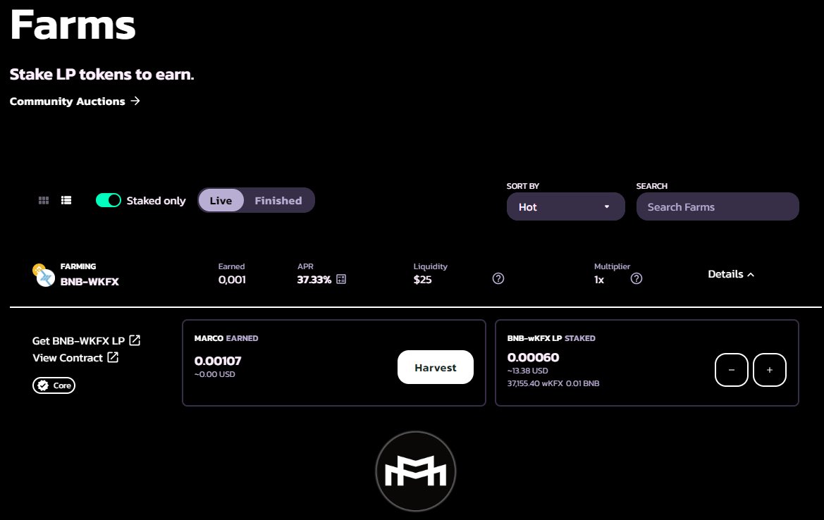 You can now farm your $wKFX to earn LP tokens on Melega.Finance.   It's fun to use your wKFX to do some DeFi farming 😄
#bsc #BSCgem 💎 #defi #kfx