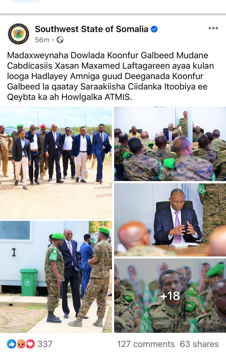 FaisalAliWarabe's tweet photo. Congratulation the president Laftagareyn of S. W  state of Somalia on your courageous actions. Next step I urge to declare the independence of Maayland
That is the reality situation of the fake government of Hassan Sh. M. he governs no where in the failed state of Somalia. https://t.co/ejvSr4yDip