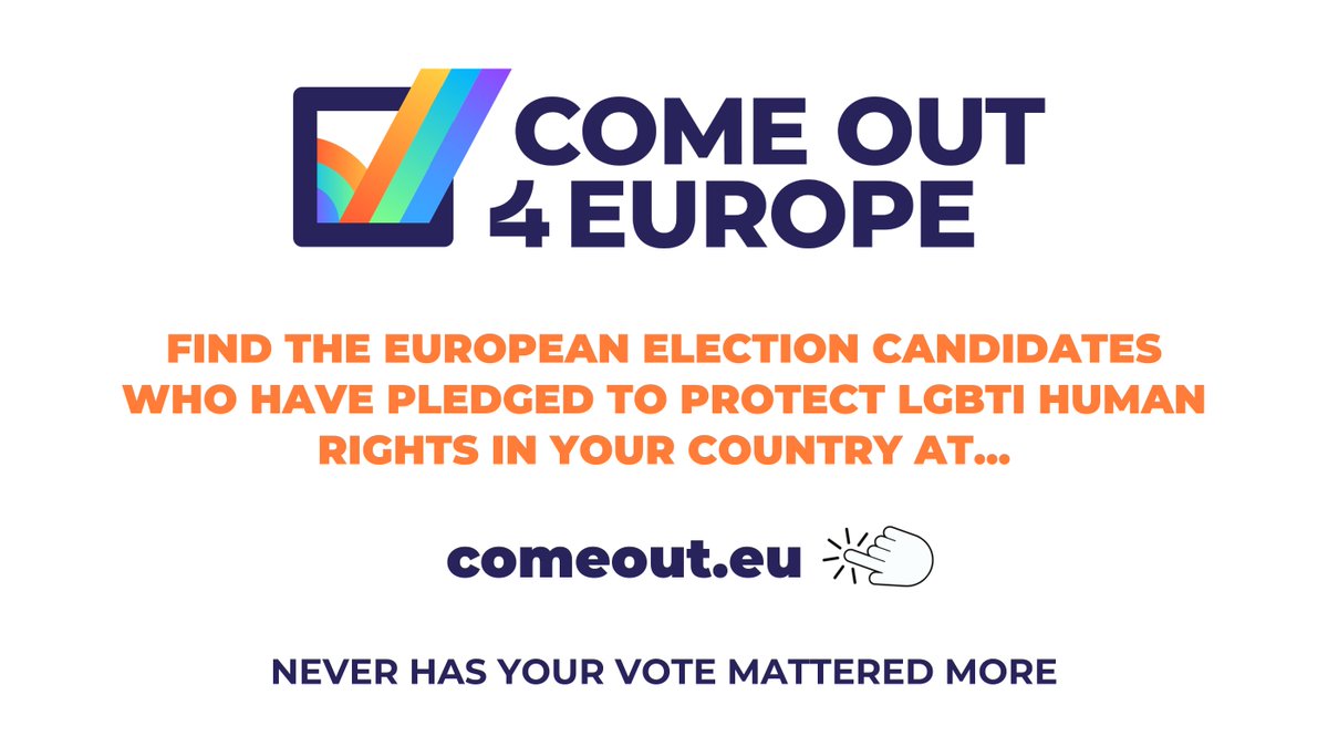 ILGAEurope's tweet image. It’s the last day of the #EUelections2024, and the final chance to vote for candidates have pledged to protect #LGBTI human rights if elected. Find over 1k of them at the link and go out to #UseYourVote for democracy and freedom in Europe and your country! comeout.eu