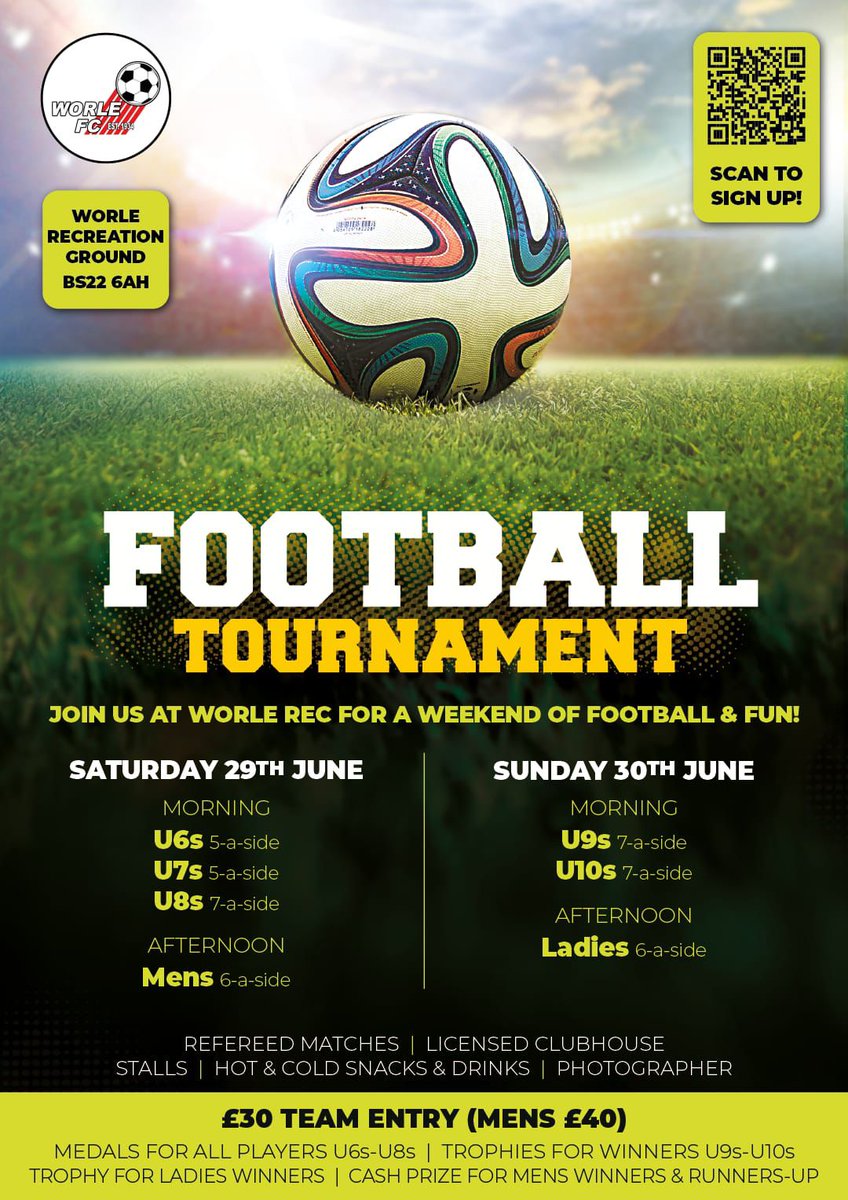 Worle Football Club annual 6-a-side tournament on the main pitches now expanded over the whole weekend with Ladies and Junior teams invited .
Always a good turnout so get your teams registered early. See the poster for more information