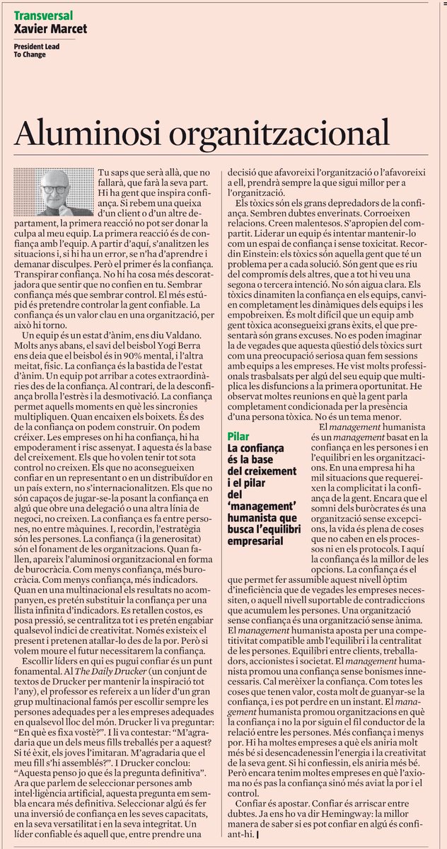 Brillant article del <a href="/XavierMarcet/">Xavier Marcet</a> avui a <a href="/LaVanguardia/">La Vanguardia</a> per reflexionar i compartir amb els equips.
Quin tipus d'organització estem construint? Quina organització volem tenir? Quina és la base de la nostra organització, del nostre lideratge?
Que tingueu un molt bon diumenge!