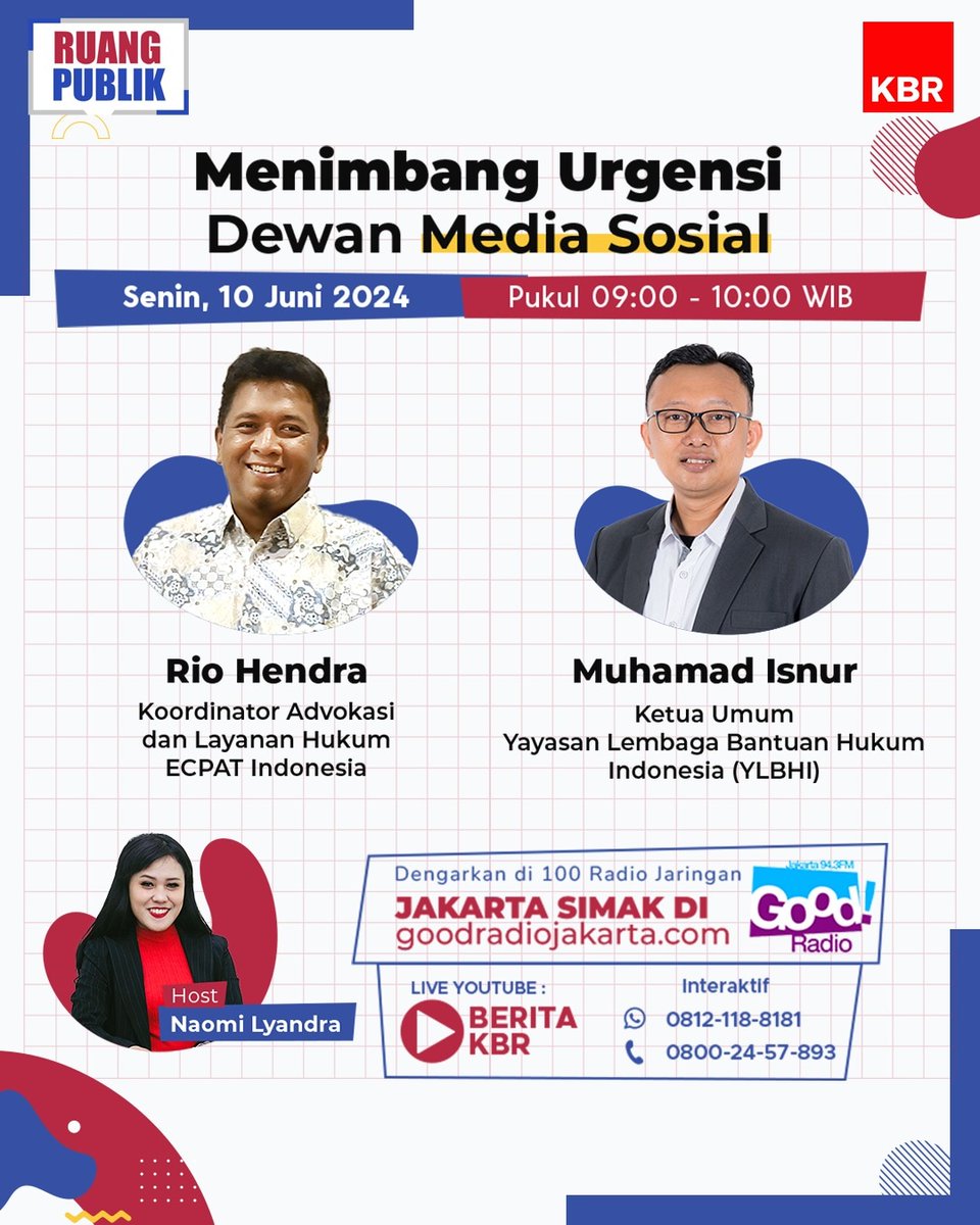 Ada wacana pembentukan Dewan Media Sosial (DMS). 

Kominfo mengeklaim tujuannya utk meminimalkan dampak negatif medsos.Muncul pula kekhawatiran, DMS bakal batasi kebebasan berekspresi.

Bgmn ini mesti disikapi &amp; dikritisi?

BESOK di #RuangPublikKBR bareng @ecpat_indonesia <a href="/YLBHI/">YayasanLBHIndonesia</a>