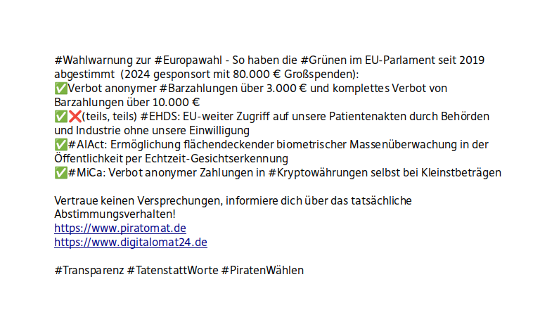 echo_pbreyer's tweet photo. #Wahlwarnung zur #Europawahl - So haben die #Grünen im EU-Parlament seit 2019 abgestimmt  (2024 gesponsort mit 80.000 € Großspenden).

Vertraue keinen Versprechungen, informiere dich über das tatsächliche Abstimmungsverhalten!
https://t.co/qceVJNIo3O
https://t.co/72GaoyKtEl https://t.co/uq8JcRSvYG
