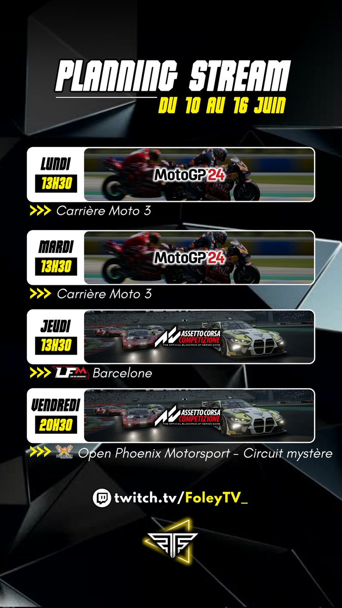 Foley_F1's tweet image. Hello la team , voici le #planning de la semaine prochaine qui je l'espère vous plaira ! Vendredi soir défi de taille avec cet open mystère qu'il sera difficile de prendre par le bon bout vu qu'on aura aucune préparation ! Mais trop hâte d'y rouler !

Bon dimanche à vous tous !