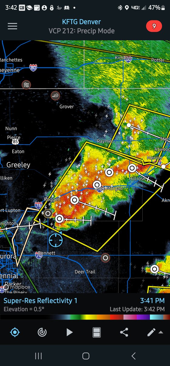 June 8th severe warned storm (70 mph gusts/quarter size hail) and associated radar image; photo taken at 3:41 p.m. The leading edge of the shelf cloud (lower right of photo) later was the subject of impressive photos near Woodrow, CO. #cowx