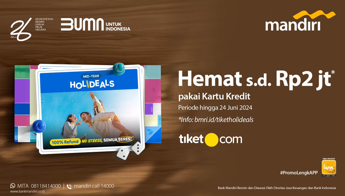 mandiricard's tweet photo. Ada rencana liburan? Booking tiket pesawat dan hotel sekarang! π«
Nikmati Mid Year Holidays dari https://t.co/PefOd4XamA dengan diskon hingga Rp2 juta pakai Mandiri Kartu Kredit.
Info lengkap di https://t.co/cB9bsNj5eP
#Tiketcom
#MandiriKartuKredit
#PromoLengkAPP
#BankMandiri https://t.co/e17v1nhjfC