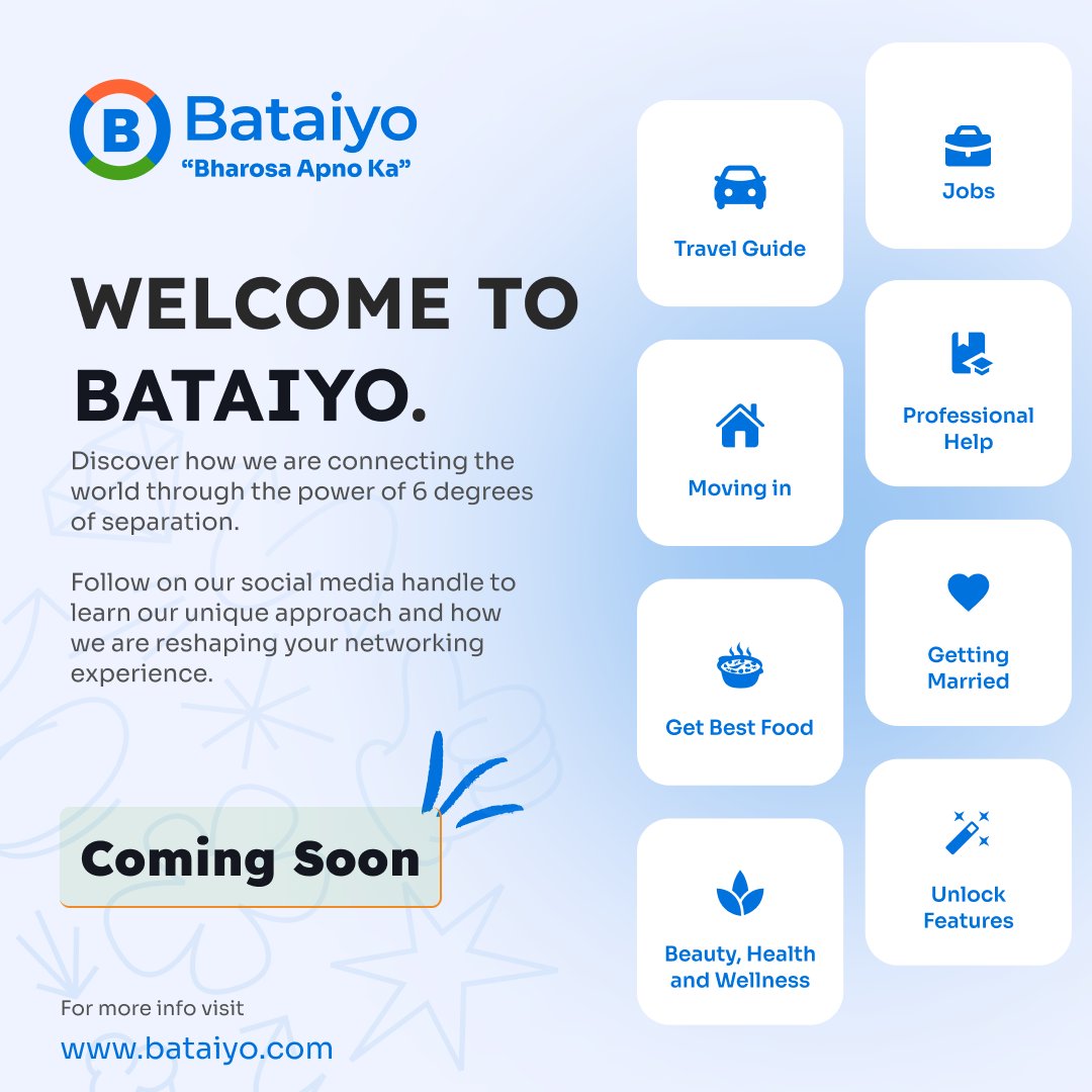 bataiyoofficial's tweet photo. Welcome to 𝗕𝗮𝘁𝗮𝗶𝘆𝗼! 🌍 

Discover how we're connecting the world through the power of 𝟲 𝗱𝗲𝗴𝗿𝗲𝗲𝘀 𝗼𝗳 𝘀𝗲𝗽𝗮𝗿𝗮𝘁𝗶𝗼𝗻. 🚀✨

#Bataiyo #6DegreesOfSeparation #Networking #ProfessionalHelp #TravelGuide #Beauty #Health #Travel #Food https://t.co/qAAQeQ7iFY