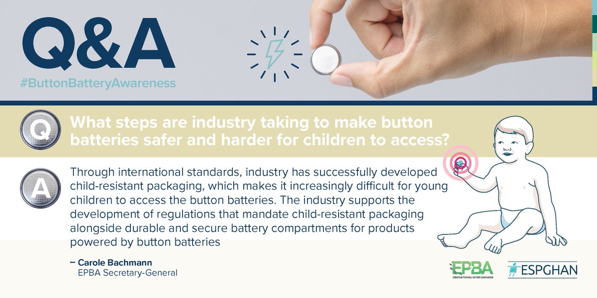 ESPGHANSociety's tweet image. What steps is the industry taking to make button batteries safer and harder for children to access? ⚠️

Read below as @CaroleBachmann from @EPBA_batteries explains the development of child-resistant packaging and secure battery compartments

#ButtonBatteryAwareness #ChildSafety
