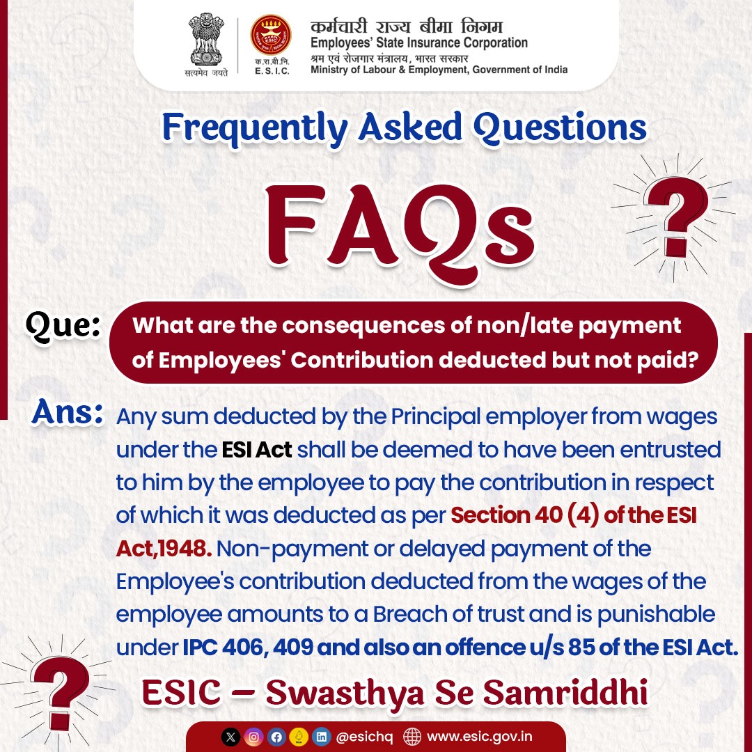 esichq's tweet photo. For this week’s FAQ section, there is a very commonly asked question about the non/late payment of Employees' Contributions deducted but not paid.
#ESICHq #FAQs #FrequentlyAskedQuestions #ESIAct #SocialSecurity #ESIBenefits #MedicalBenefits #EmployeesContribution https://t.co/V4mHTr9HaV