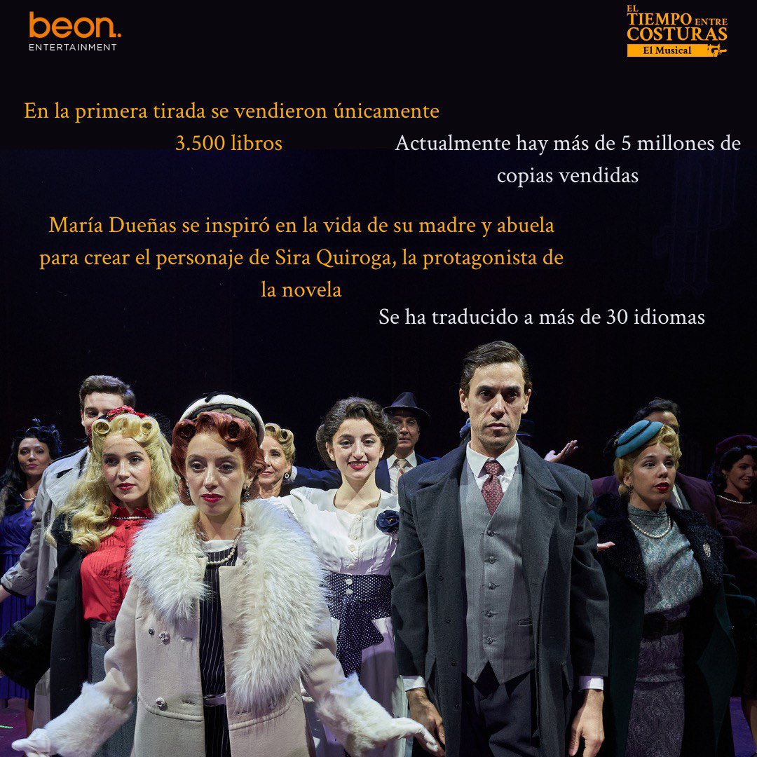 Un día como hoy, hace 15 años, María Dueñas publicó el libro que le cambió la vida. 

Hace 15 años, nació El tiempo entre costuras. La novela que hoy podemos llevar con mucho orgullo a los escenarios 💛🪡🧵