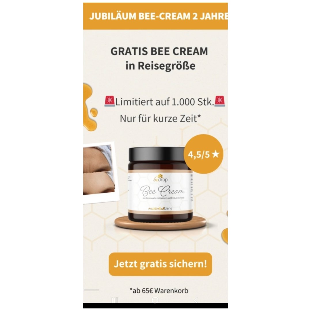 ganzgesund's tweet photo. Mit #Bienengift gegen #Falten: #Gratis #BeeCream in Reisegröße für Dich! Ganze 50g geschenkt ab einem Einkauf von 65,00€. ➡️ Mehr Infos & jetzt sichern hier: https://t.co/WmSBkshtRb
#AntiAging #Bienengiftsalbe #bedrop #Arthrose #Rheuma #Arthritis #Narben #Pickel #unreineHaut https://t.co/8j9AH8y1xX