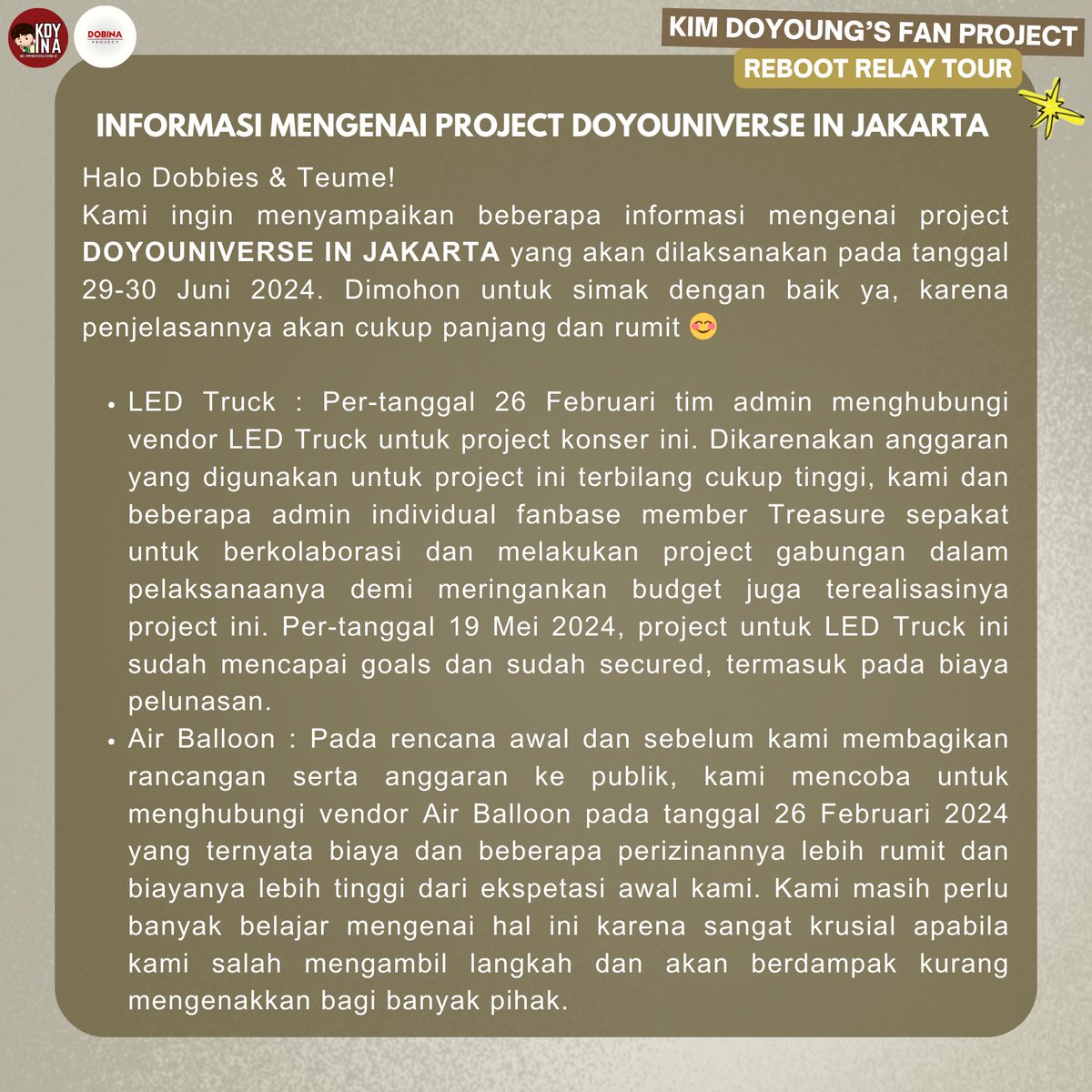 kimdoyoung_ina's tweet photo. 📢 [NOTICE] 📢

Halo Dobbies &amp; Teume!

Kita ada informasi mengenai project DOYOUNIVERSE in Jakarta nih! Tolong dicermati baik-baik yaa🤗
Kalau ada pertanyaan mengenai project ini, silakan bisa ditanyakan melalui comment section dibawah👇🏻

#DOYOUNIVERSEinJKT
#DOYOUNG #TREASURE https://t.co/Hq2fSeFh6q