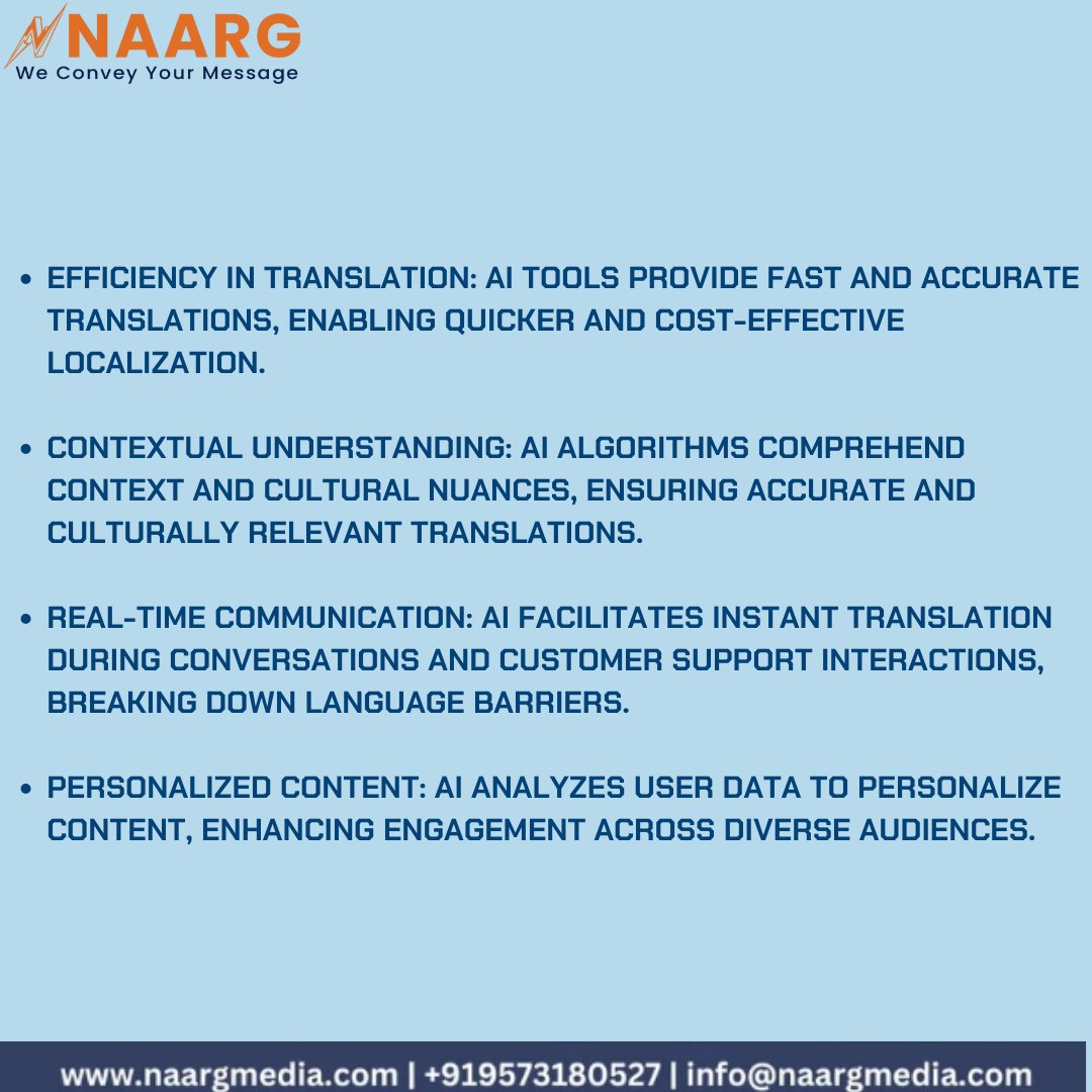 NaargMedia's tweet photo. Uncover how AI is transforming localization making global communication more effective!
Check out our blog to know more: https://t.co/xYrKZISx0b
Reach us at info@naargmedia.com to know more.
#translation #userexperience #localization #translationproblems #naargmedia https://t.co/RjCaTUMza4
