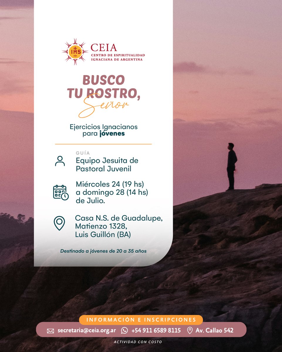 Ejercicios Ignacianos: Busco tu Rostro Señor. Destinado a jóvenes de 18 a 35 años con ganas de encontrarse con Cristo. La propuesta y formulario de inscripción ya está disponible en nuestra web (ver link en nuestro perfil)