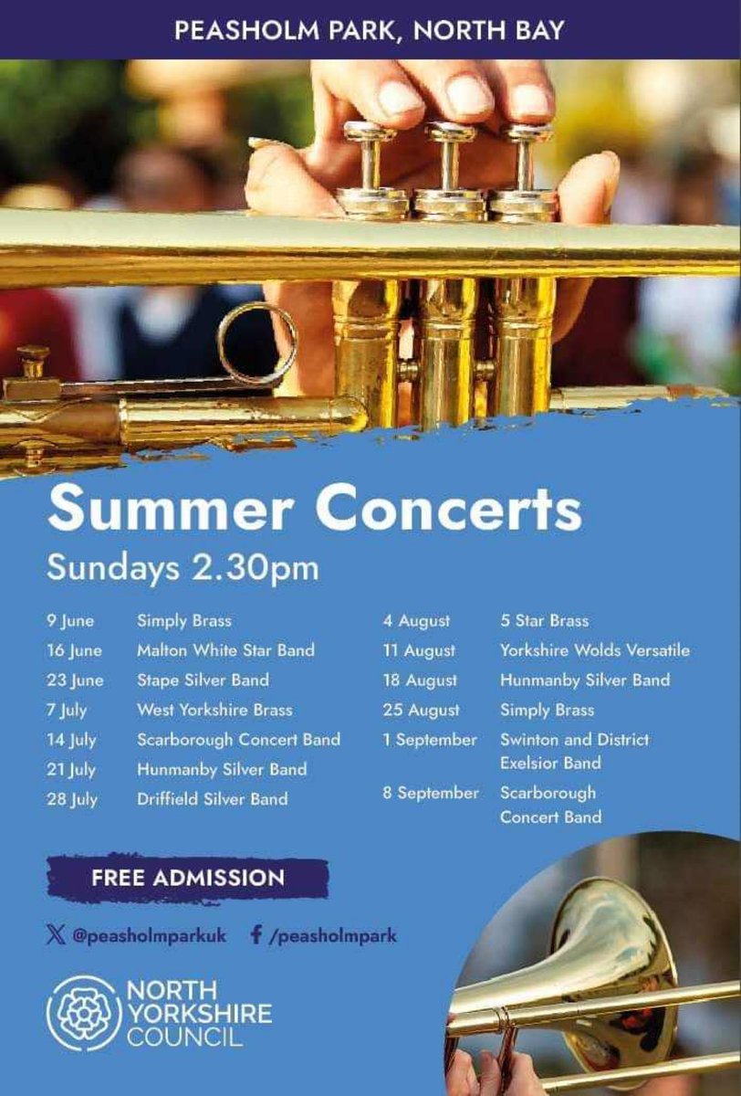 Brass bands are back in the splendid setting of Peasholm Park.  It’s free and starts at 2.30pm today #Scarborough #ScarboroughUK #brassband #PeasholmPark
