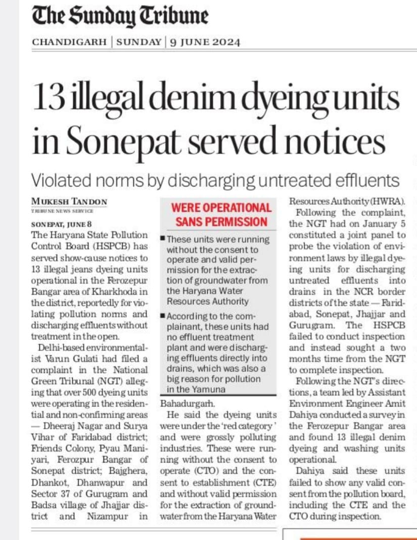 LordYamraaj's tweet image. माननीय #NGT के संज्ञान लेने पर #HSPCB @SonipatB के RO सर द्वारा द्वारा की गई #अवैध #डाईंग उद्योगों पर कार्यवाही।।

यह सभी अवैध #डाइंग उद्योग सालों से रोजाना प्रति उद्योग 2.50 #लाख लीटर से अधिक #भूजल दोहन कर रहे थे जिसे दूषित करके #मुंगेशपुर ड्रेन के माध्यम से #नजफगढ़ ड्रेन में