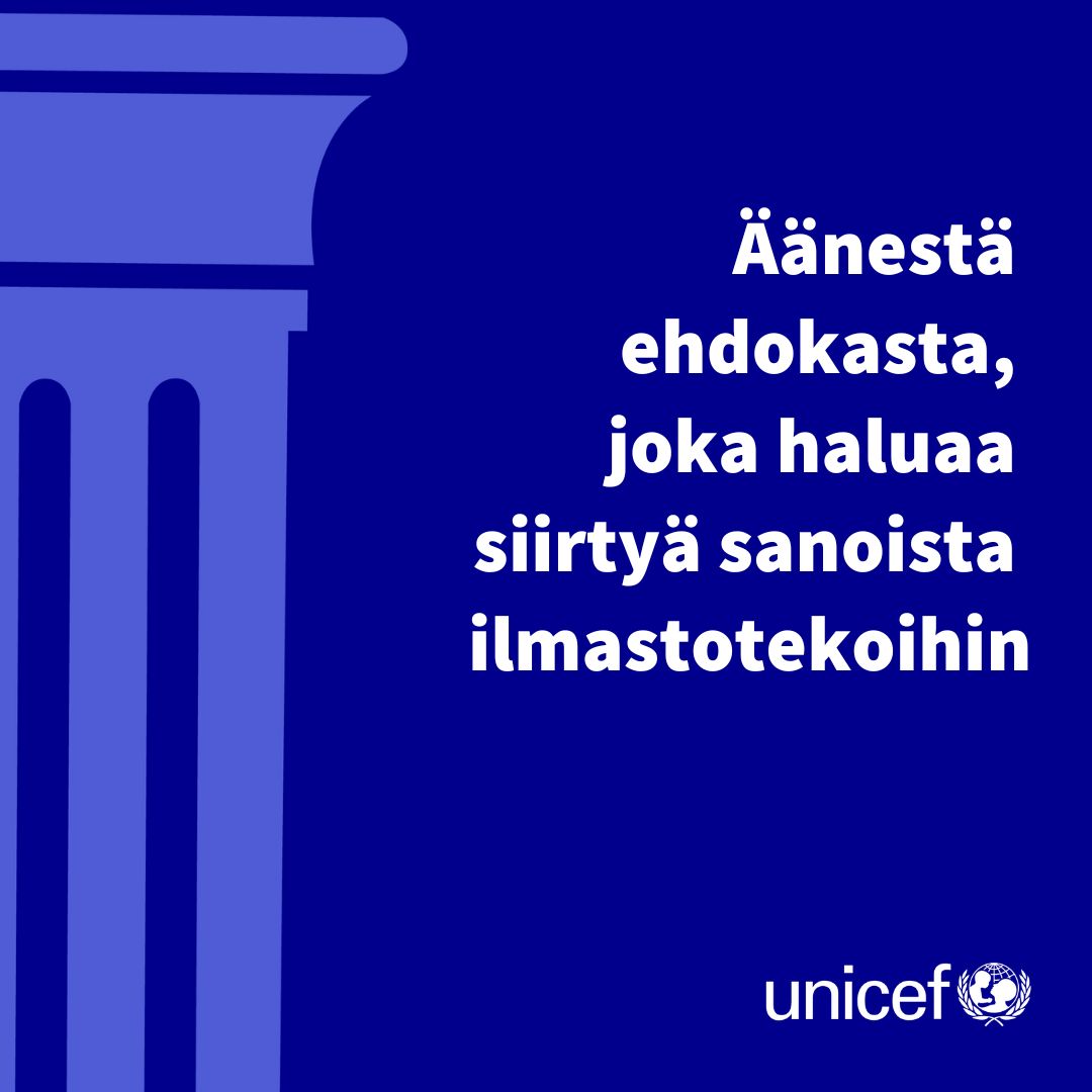 Puolet maailman lapsista kärsii ilmastonmuutoksen vaikutuksista jo nyt. Lapset tarvitsevat EU:ta, joka toimii ilmastopolitiikan suunnannäyttäjänä. 📢

Äänestä ehdokasta, joka tukee kunnianhimoisia ilmastotoimia.

#lapsenoikeudet #eurovaalit #seisoarvojesitakana