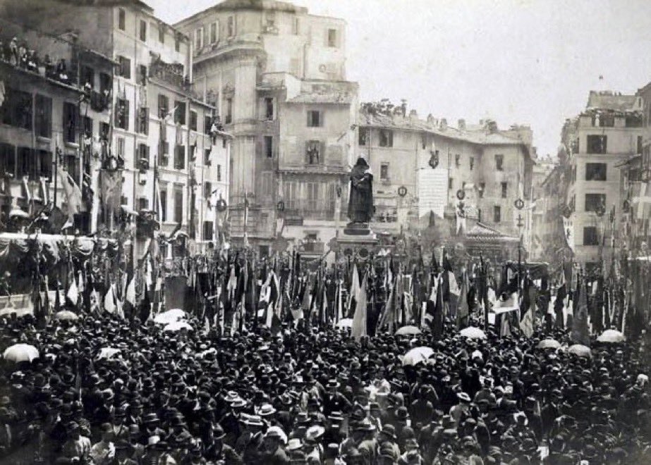 The landmark statue of Giordano Bruno at Campo de' Fiori in Rome was unveiled on this day in 1889. Sculpted by Ettore Ferrari, the bronze statue was erected on the spot where Bruno was burnt at the stake for heresy on 17 February 1600.