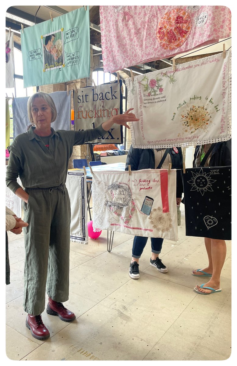 broideryprofane's tweet photo. A few snaps from the final afternoon of PILLOWTALK @FringeArtsBath. PEG member Bridget Carpenter explaining the precision of her stitched vomit; Hurkle Durkling and Dance All Night; and the @REmbroiderer
It’s been fab!
#bath #profanityembroiderygroup https://t.co/rhQJrUJd7G
