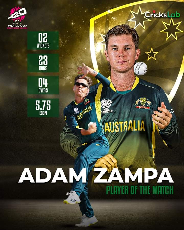 AliHube168025's tweet photo. Player of the Match honor goes to Adam Zampa! A standout performance! ππ«
#Crickslab #CrickslabLive #CricketNews #T20 #WorldCup2024 https://t.co/qaTHxGWM5z