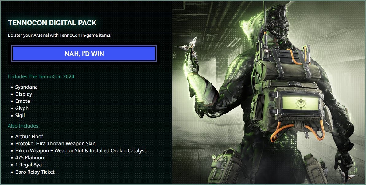 ibumuc's tweet image. TennoCon 2024 Digital Pack Giveaway
Courtesy of @PlayWarframe
Ends July 1st

To enter:
• Like, retweet &amp;amp; follow
• Reply with your IGN &amp;amp; Platform

Good luck, Tenno!