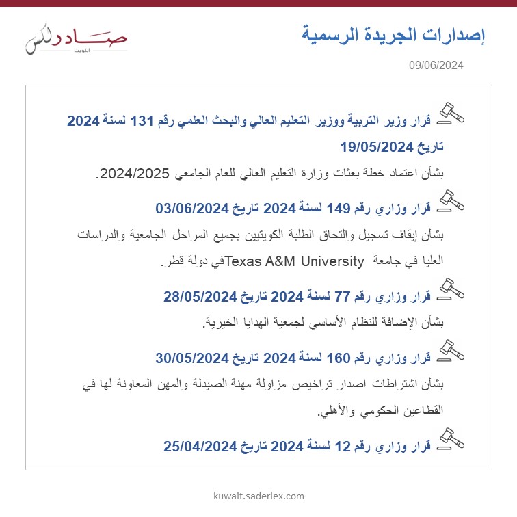 SADERLexKuwait's tweet photo. اصدارات الجريدة الرسمية العدد 1690/2024 تاريخ 02/06/2024 #SADER1863 #SADERLexKuwait #LawsOfKuwait #KuwaitLaws #OfficialGazette1690 #كويت_اليوم #اصدارات #قوانين_الكويت #جريدة_رسمية_1690 https://t.co/ahOVPTxbz2