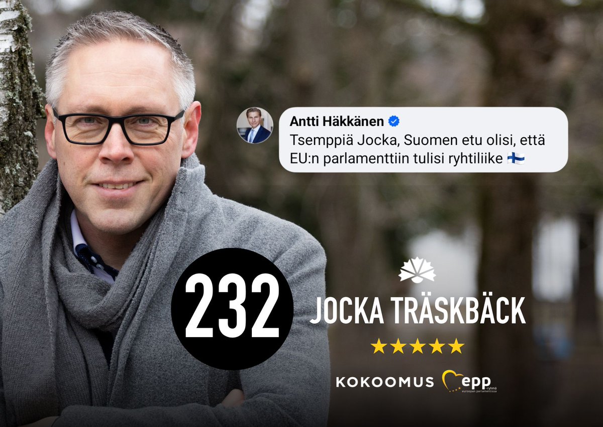 Jocka's tweet photo. Tänään suomalaiset päättävät ketkä Euroopan unionissa jatkossa päättävät. Olen kokoomuksen yrittäjäehdokas ja haluan vahvistaa Suomen etujen ajamista yrittäjyyden, talouden ja puolustuksen saralla sekä maa- ja metsätalouden päätöksenteossa.

Numeroni on 232. Äänestä viisaasti.

Kiitos puolustusministeri Antti Häkkänen 🙏