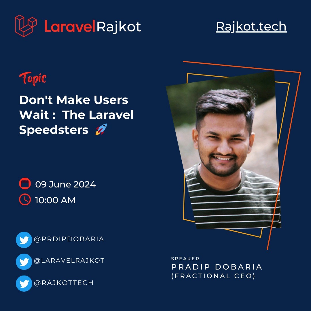 idestinytechlab's tweet image. Next exciting talk about  "Laravel Speedsters!" In other words, reduce waiting time for the users. by @PradipDobaria 
At @LaravelRajkot chapter @RajkotTech 
#laravel
#laravelqueues
#backgroundprocess
#UserExperience 
#laraconin