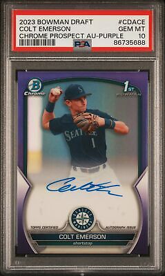 nothingbutcard's tweet photo. 2023 Bowman Draft Chrome Auto #CDACE Colt Emerson Purple PSA 10 246/250 Mariners #ad #thehobby https://t.co/0tvMna4IIa https://t.co/jDTKVzkxiR