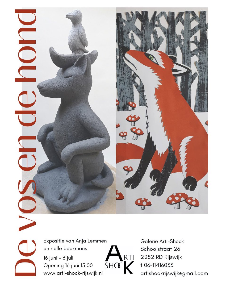 Vanaf zaterdag 15 juni t/m 3 juli is in galerie Arti Shock de expositie ‘De vos en de hond’ van Anja Lemmen en Riëlle Beekmans te bezichtigen. Officiële opening is op zondag 16 juni om 15.00 uur. Van harte welkom! #keramiekkunst #keramiek #grafischekunst #illustratie #inrijswijk