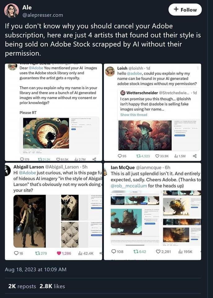 Icemanmodeler's tweet image. Examples of artist having their work stolen used to train AI to replace us &amp;amp; using their names as prompts to copy their style. It’s insulting on so many levels and illegal! #CancelAdobe 
@AlePresser 
#NoAI #LegislateAI #CreateDontScrape #AI #AIAct #StopAI #BanAI #AIPlagiarism