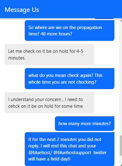 teknisyan's tweet photo. @bluehost @bluehostsupport The chat agent's name is Praneeth. Check on his current chat session. This been unresponsive for the last 10 minutes and I ended our session. https://t.co/zs24bw3vtv