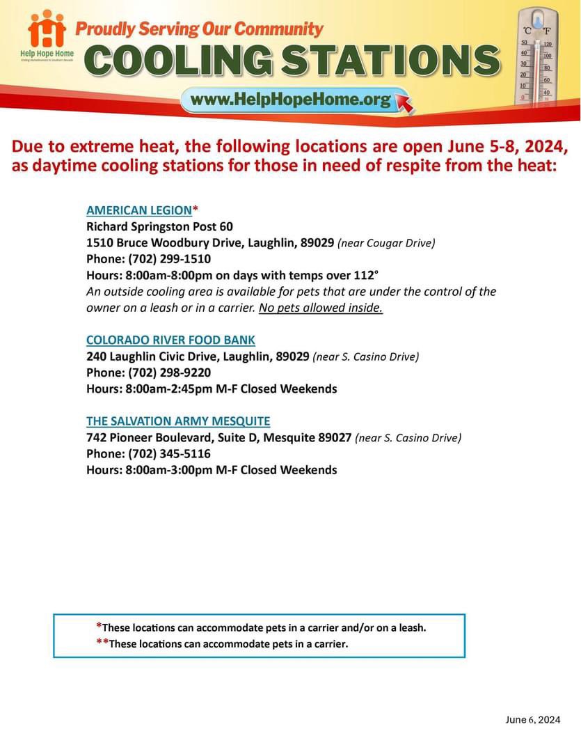 veginoutvegas's tweet photo. UPDATE: Due to an excessive heat warning administered by the National Weather Service, cooling stations are activated Wednesday-Saturday, June 5th-8th. 
Please see flyers for locations specific to this activation, which are also available in Spanish at https://t.co/hmXN0yEp0I https://t.co/rHaz926rl7