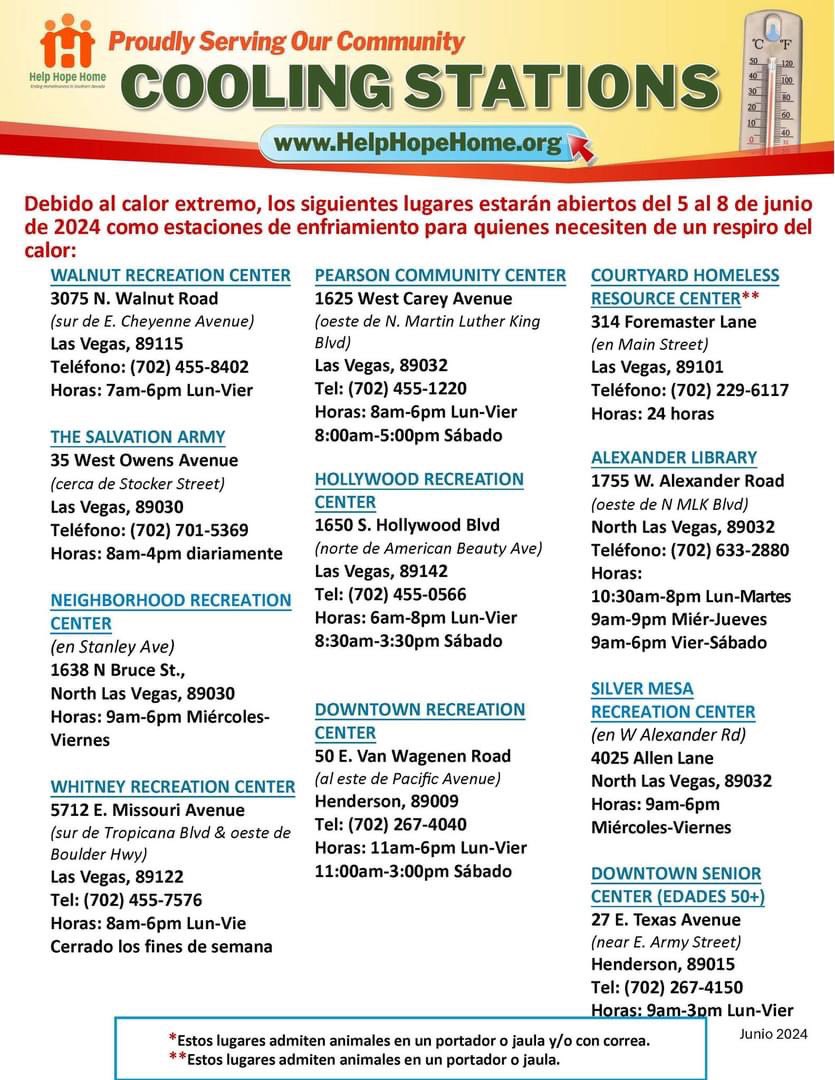 veginoutvegas's tweet photo. UPDATE: Due to an excessive heat warning administered by the National Weather Service, cooling stations are activated Wednesday-Saturday, June 5th-8th. 
Please see flyers for locations specific to this activation, which are also available in Spanish at https://t.co/hmXN0yEp0I https://t.co/rHaz926rl7