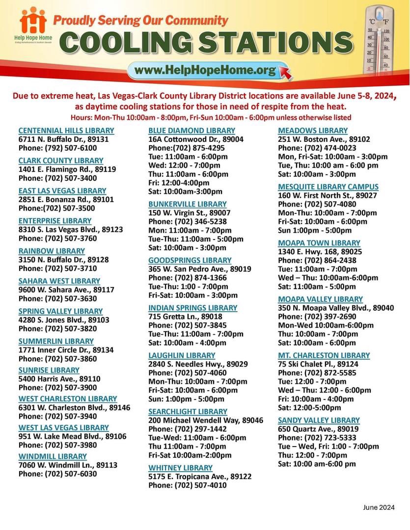 veginoutvegas's tweet photo. UPDATE: Due to an excessive heat warning administered by the National Weather Service, cooling stations are activated Wednesday-Saturday, June 5th-8th. 
Please see flyers for locations specific to this activation, which are also available in Spanish at https://t.co/hmXN0yEp0I https://t.co/rHaz926rl7