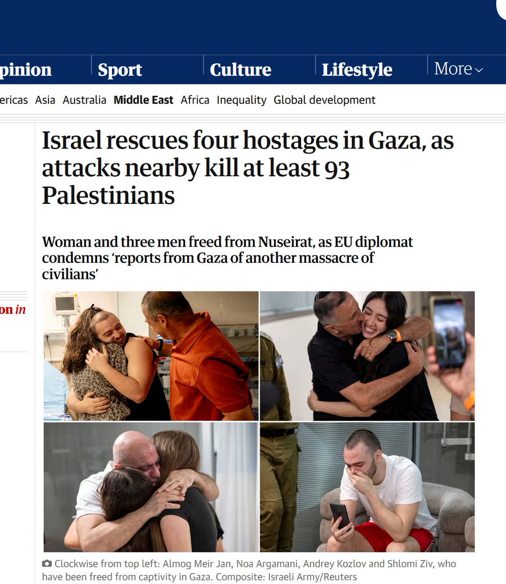 Geistarbeiter's tweet image. Israelis have names and are represented with individual pictures while the Palestinians are just "dozens" (and even this is inaccurate: the death count is 210 not 93). Say their names, @guardian