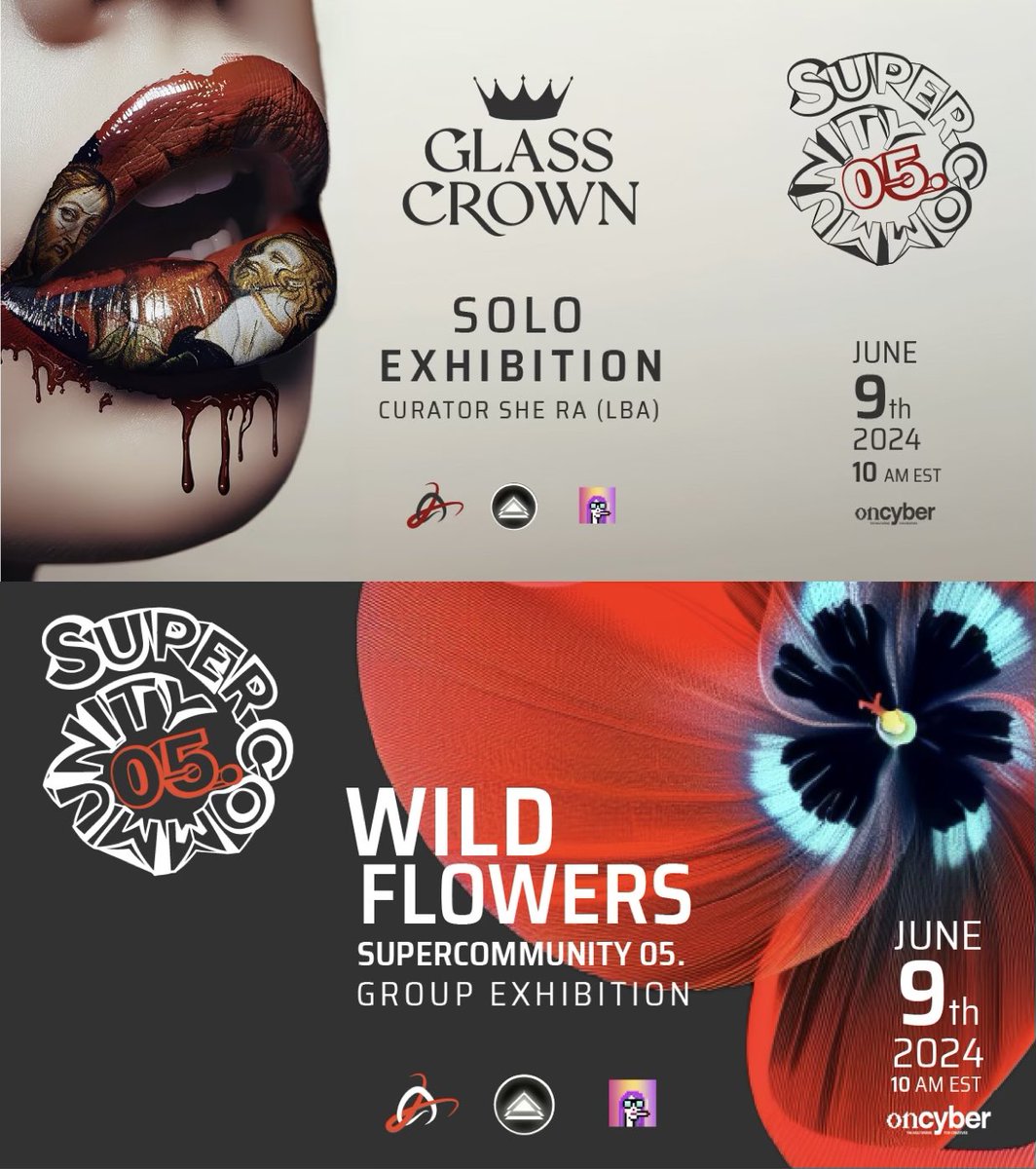 wildalps's tweet photo. We are thrilled to announce our #WildFree Community spotlight at SUPERCOMMUNITY 05 Art exhibition
Today, June 9th, 10 am EST
Link https://t.co/mnlwaV9sUz
โจSolo exhibition @ImGlassCrown
โจโWild Flowersโ group exhibition
โจHosts @LinkedByArt @paladinpunks
Group show artists โคต๏ธ
