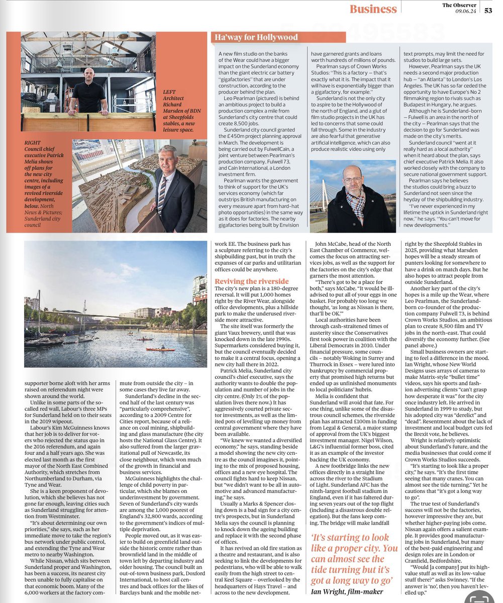 Paul Callaghan (@pmcallaghan) on Twitter photo Very positive double page spread in <a href="/ObserverUK/">The Observer</a> on the cultural and economic regeneration of Sunderland
A city that is reversing decades of decline by replacing the lost industries of ships and coal with new creative industries that will make it a city where talent wants to live Very positive double page spread in <a href="/ObserverUK/">The Observer</a> on the cultural and economic regeneration of Sunderland
A city that is reversing decades of decline by replacing the lost industries of ships and coal with new creative industries that will make it a city where talent wants to live
