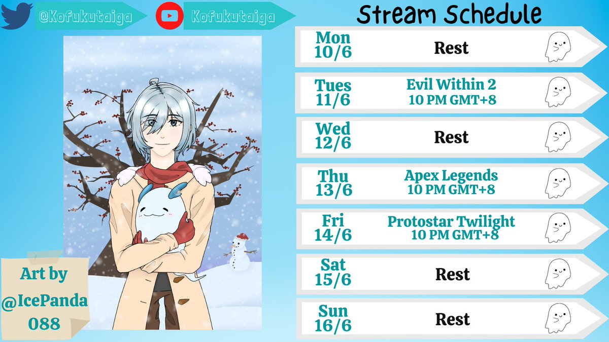 KofukuTaiga's tweet photo. Hey Ghosties, Here is this week's schedule Hope you can join the stream ૮₍ ˶ᵔ ᵕ ᵔ˶ ₎ა

Art by @/IcePanda088

Here are the Tags:
🔴Live:#SpookyTime
🎨Art:#TaigART
👻Fan:#Ghosties
😜Meme:#GhosThings

#ENVtubers #Vtuber #MYVT #MalaysiaVTuber #VTuberUprising https://t.co/fbGc6u0njY