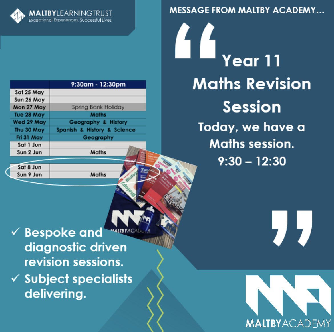MaltbyAcademy's tweet image. Year 11 Maths Revision Session
Today, we have a Maths session, with bespoke support for tomorrow’s exam.
9:30-12:30
Make sure you’re there! 
#achieve #gradechasers #aspiration