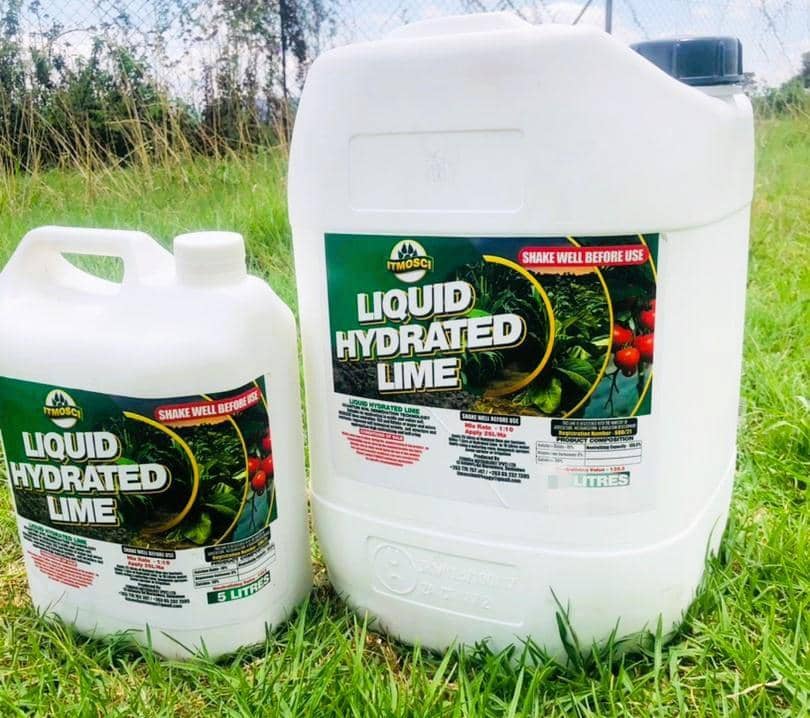 Liquid lime is a fast reacting soil pH adjustment. It effect pH change within 72 hrs. Raising pH of acidic soil increase nutrients availability for plant growth. It can be applied within 21 days b4 planting @planting/within 21 days after planting. 0652327395/App 0776 752 307