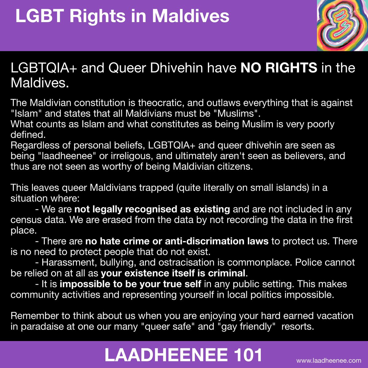 LGBTQIA+ and Queer Dhivehin have NO RIGHTS in the Maldives. Remember to think about us when you are enjoying your hard earned paradise vacation at one our many “queer safe” and “gay friendly”  resorts. #maldives #maldivesholiday #pridemonth