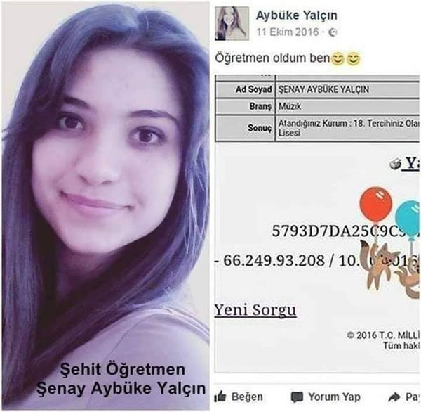 Aybüke Yalçın, "Öğretmen oldum ben” diyerek eğitim ordumuza katıldı.
“Bayrağın dalgalandığı her yer vatandır”
diyerek, meslek aşkıyla
görev yerine gitti, genç nesillere bilgi aşıladı.
Büyük  özveriyle sürdürdüğü mesleğinin sekizinci ayında; çok sevdiği  öğrencilerinin karne