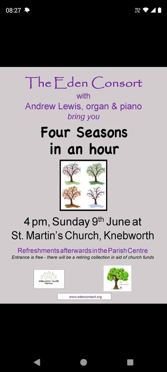 4pm this afternoon at St Martin's church in Knebworth:
1 Hour: 4 Seasons....

Tea and cakes afterwards
🎶🎶🎶