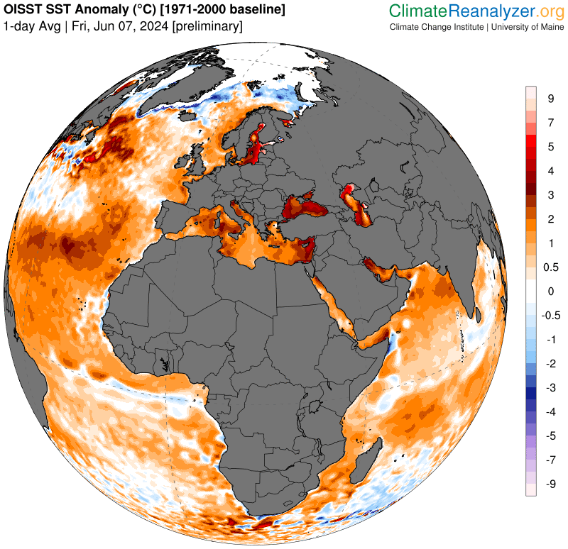 Die Ozeane und Meere, die für unser Wetter relevant sind... alle zu warm! 

Deutlich zu warm!

Mehr Feuchtigkeit und mehr Wärme - bedeutet  Extremwetter. 

Ist Physik!

Starkregen - Überflutungen - heftige Gewitter 

#Unwetter #Hochwasserkatastrophe #Hochwasser #globaleErhitzung